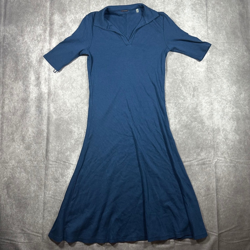 Elie Tahari Women S Blue Ribbed Knit Polo Collar Midi Dress Short Sleeve Classic